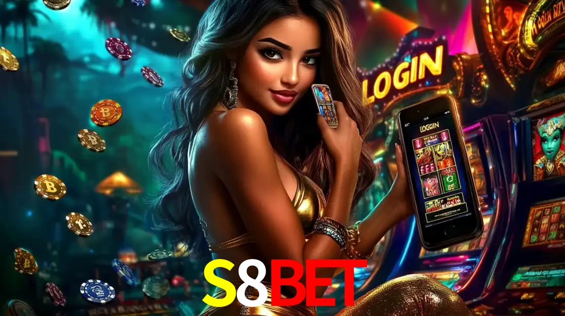 Mulher em um cenário de cassino temático de aventura, mostrando o app de caça-níqueis da S8BET no celular. Fichas de apostas flutuam ao redor.