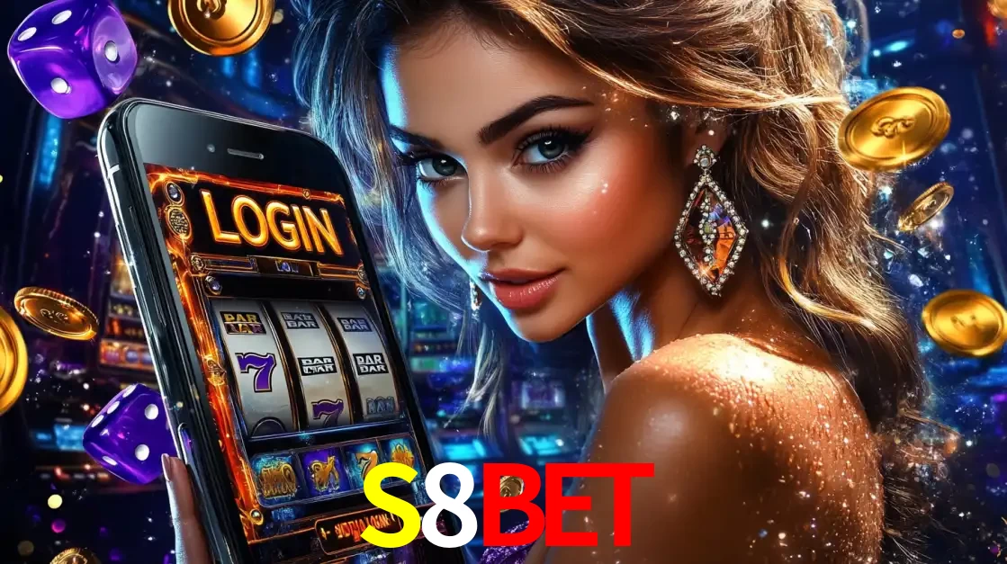 Mulher glamorosa segurando um smartphone com a tela de login para os jogos de caça-níqueis do cassino online S8BET, com moedas de ouro e dados ao redor.
