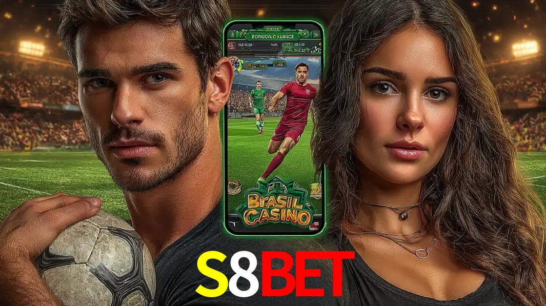 Homem segurando uma bola de futebol e uma mulher ao lado de um smartphone exibindo o jogo de apostas esportivas da S8BET. Faça seu palpite no cassino online.